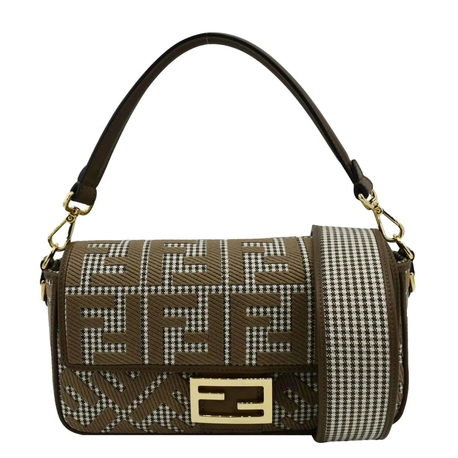 FENDI Houndstooth Baguette Zucca Wool Medium Shoulder Bag Olive