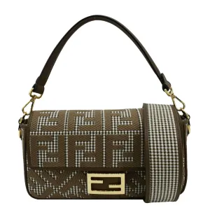 FENDI Houndstooth Baguette Zucca Wool Medium Shoulder Bag Olive