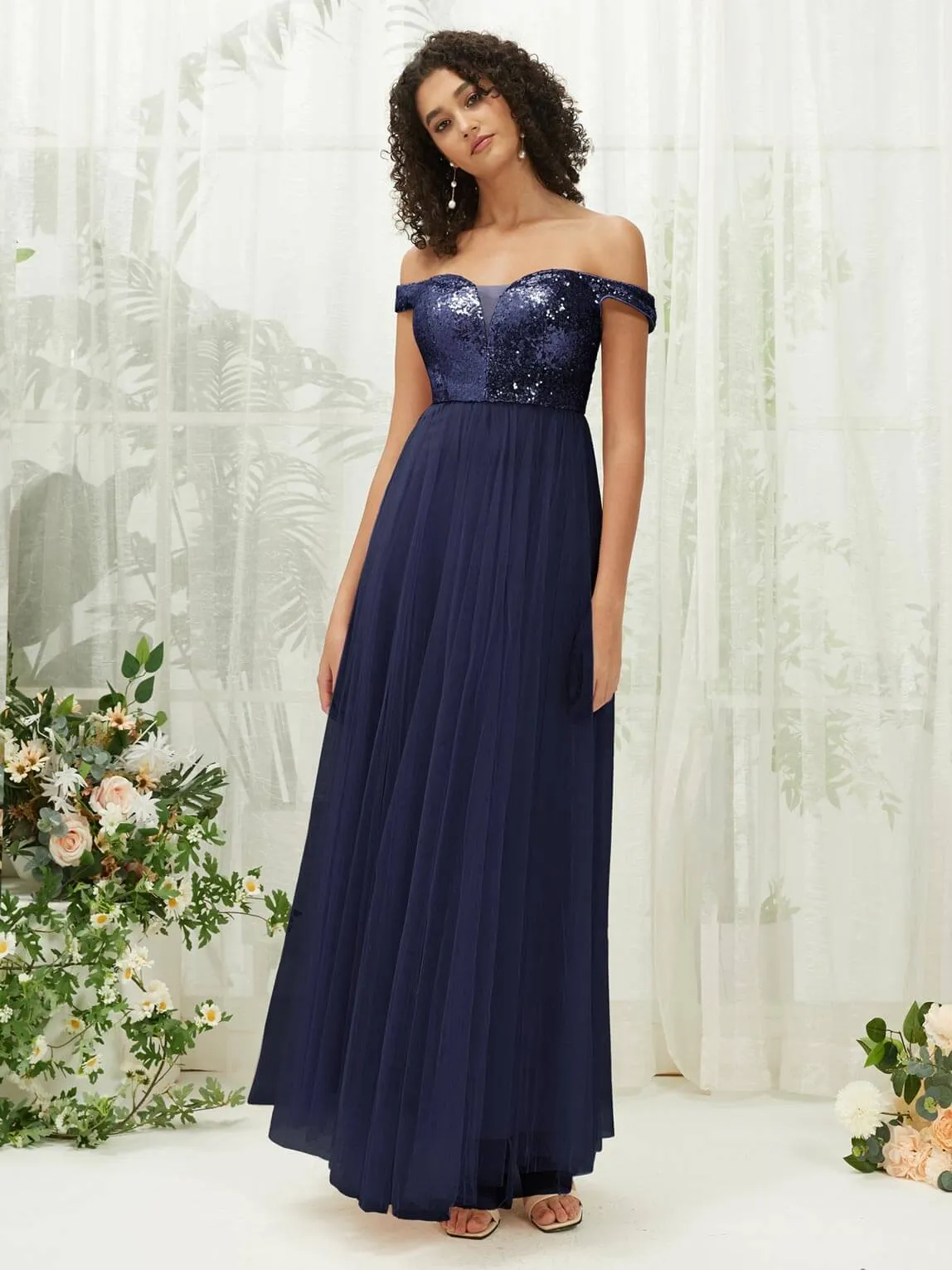 [Final Sale] Navy Blue Sequin Tulle Off-Shoulder Maxi Flowy Bridesmaid Dress