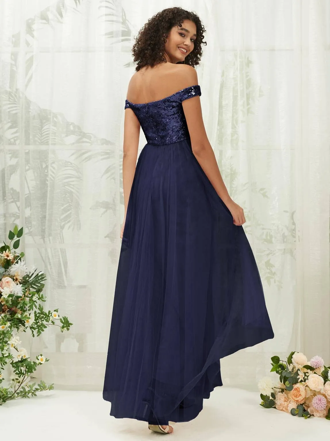 [Final Sale] Navy Blue Sequin Tulle Off-Shoulder Maxi Flowy Bridesmaid Dress