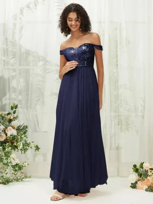 [Final Sale] Navy Blue Sequin Tulle Off-Shoulder Maxi Flowy Bridesmaid Dress