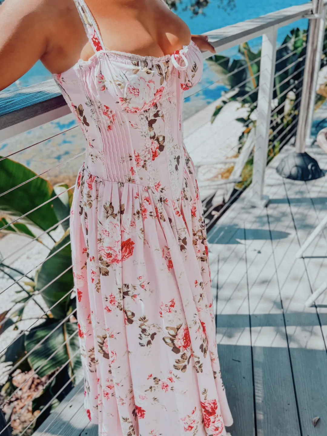 Floral Print Lace Trim Sleeveless Long Dress