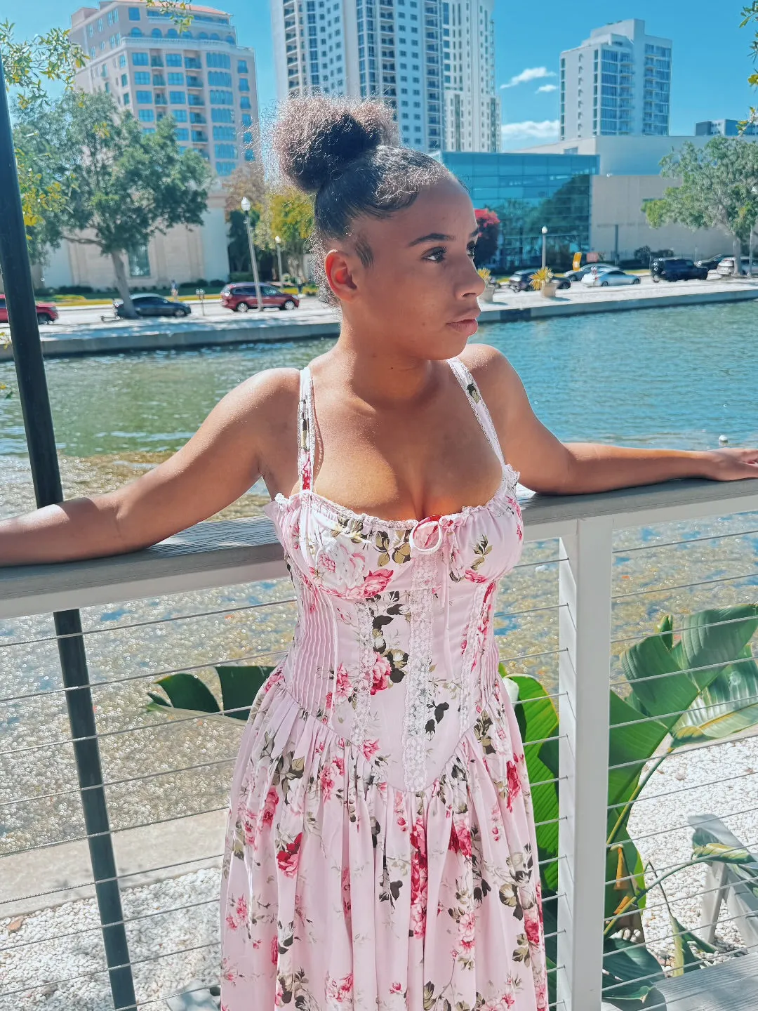Floral Print Lace Trim Sleeveless Long Dress
