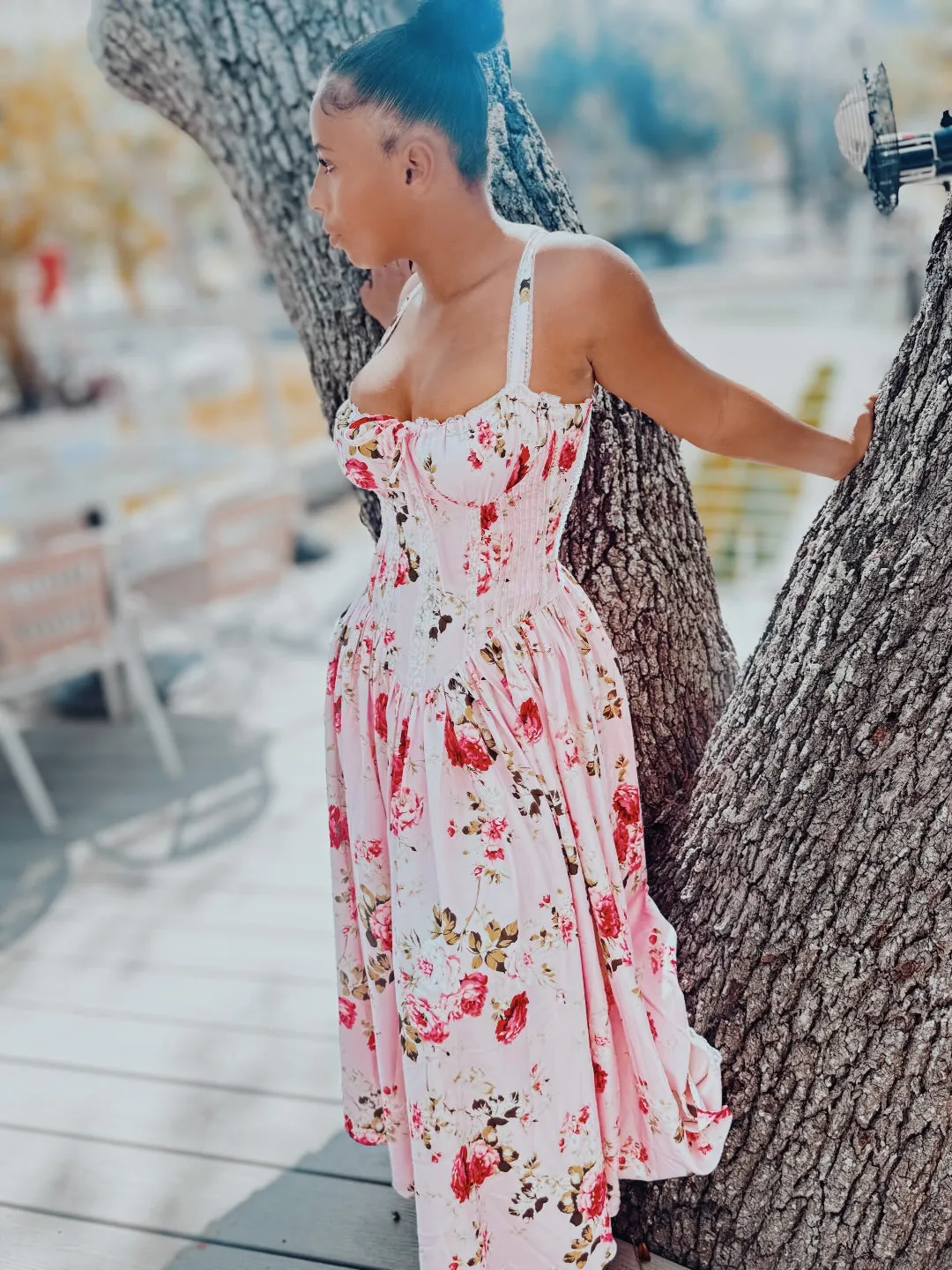 Floral Print Lace Trim Sleeveless Long Dress