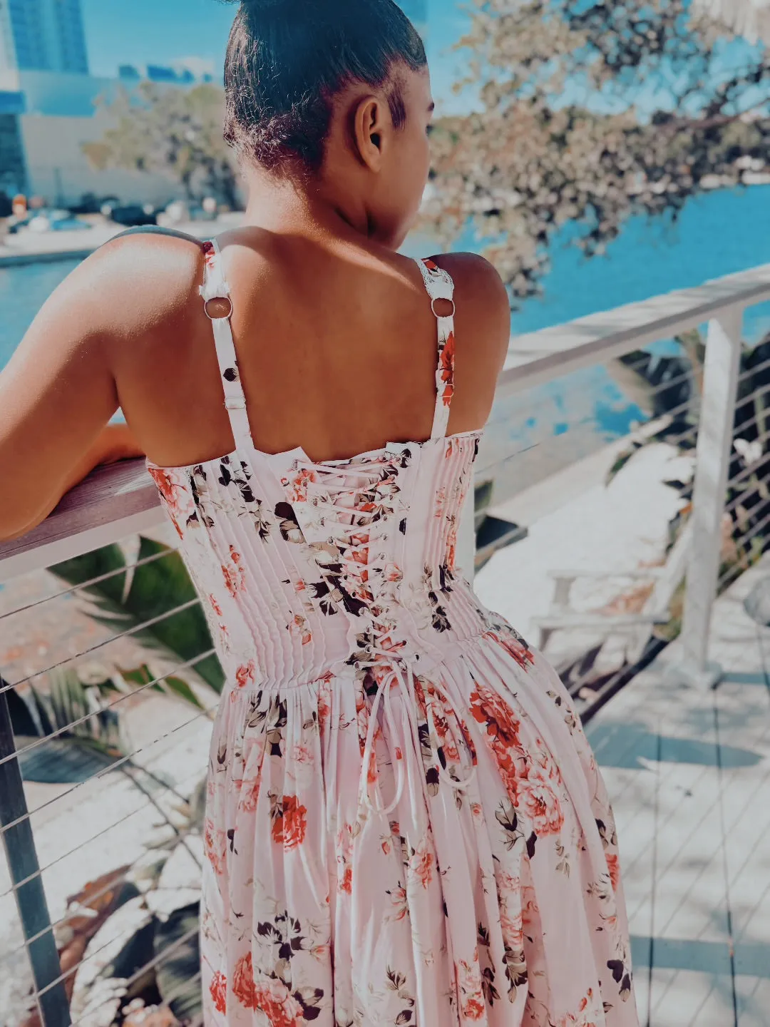 Floral Print Lace Trim Sleeveless Long Dress