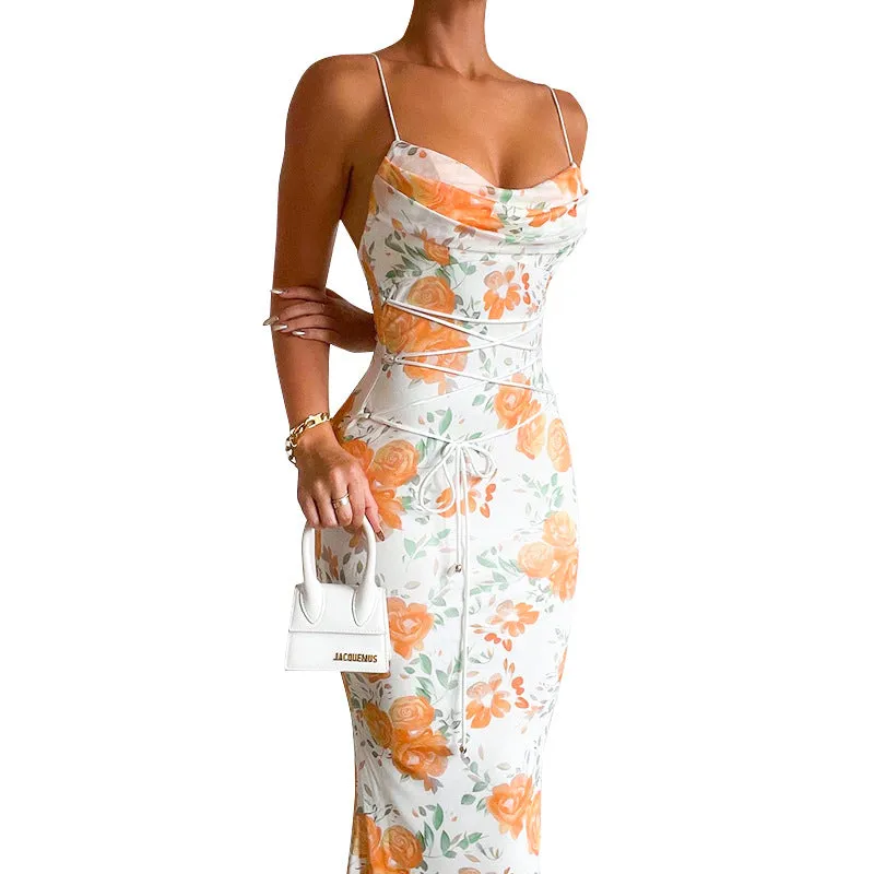 Floral Suspender Lace-Up Bodycon Dress with Elegant Charm