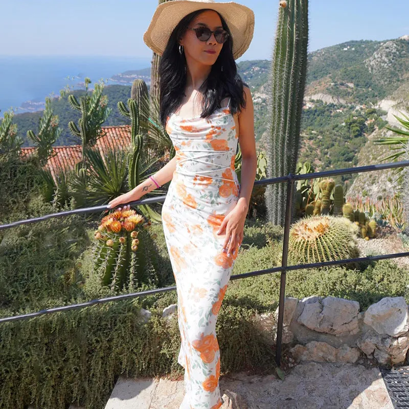 Floral Suspender Lace-Up Bodycon Dress with Elegant Charm