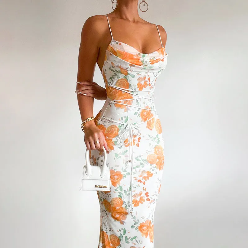 Floral Suspender Lace-Up Bodycon Dress with Elegant Charm