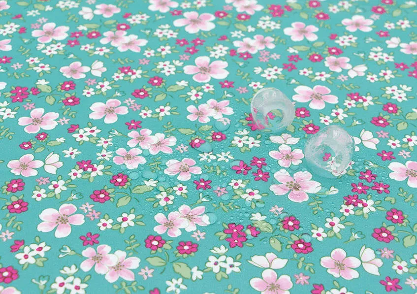 Flowers Waterproof Fabric Floral Print, Mint Blue - By the Yard 73539 GJ 984-1