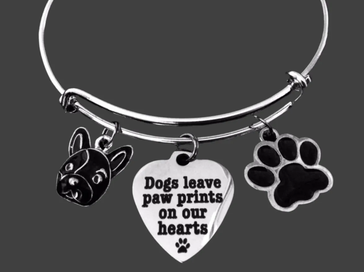 French Bull Dog Jewelry Dogs Leave Paw Prints on our Heart Expandable Charm Bracelet Silver Adjustable Wire Bangle Animal Lover One Size Fits All Gift