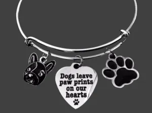French Bull Dog Jewelry Dogs Leave Paw Prints on our Heart Expandable Charm Bracelet Silver Adjustable Wire Bangle Animal Lover One Size Fits All Gift