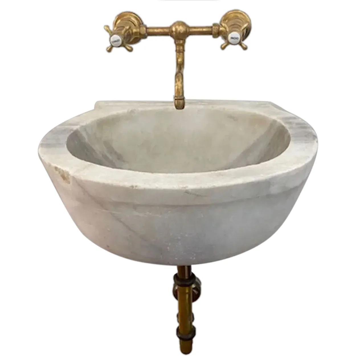 French Provincial White Marble Wall Mount Sink and Brass Faucet