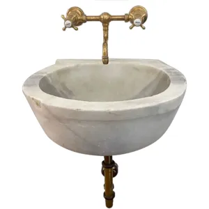 French Provincial White Marble Wall Mount Sink and Brass Faucet