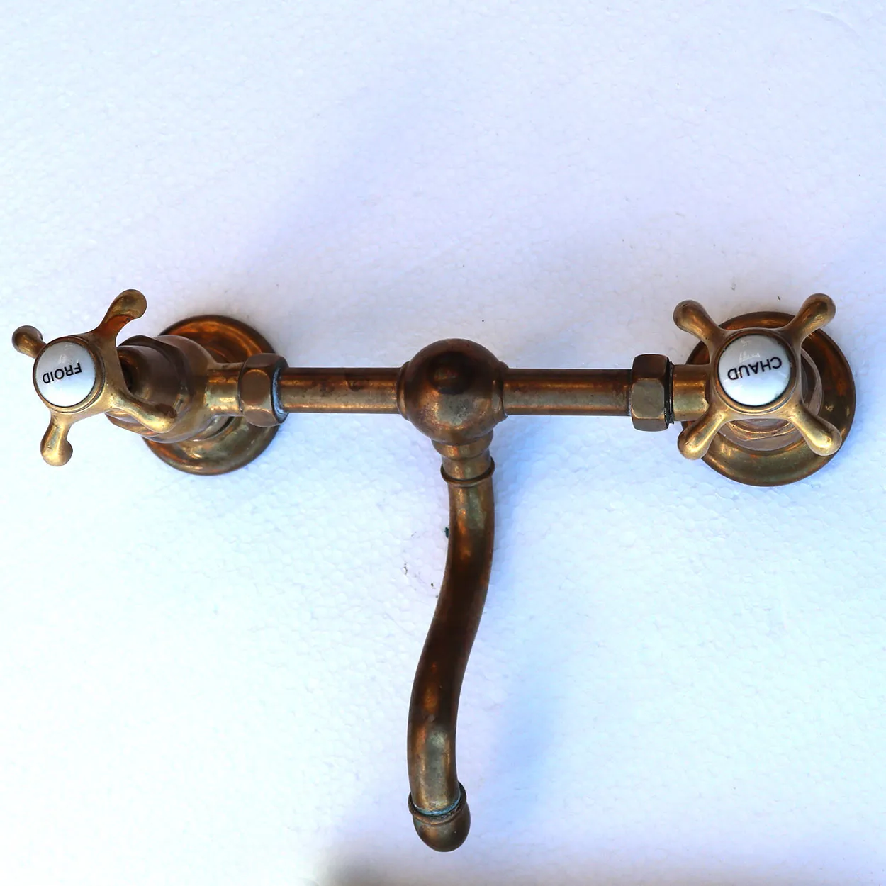 French Provincial White Marble Wall Mount Sink and Brass Faucet