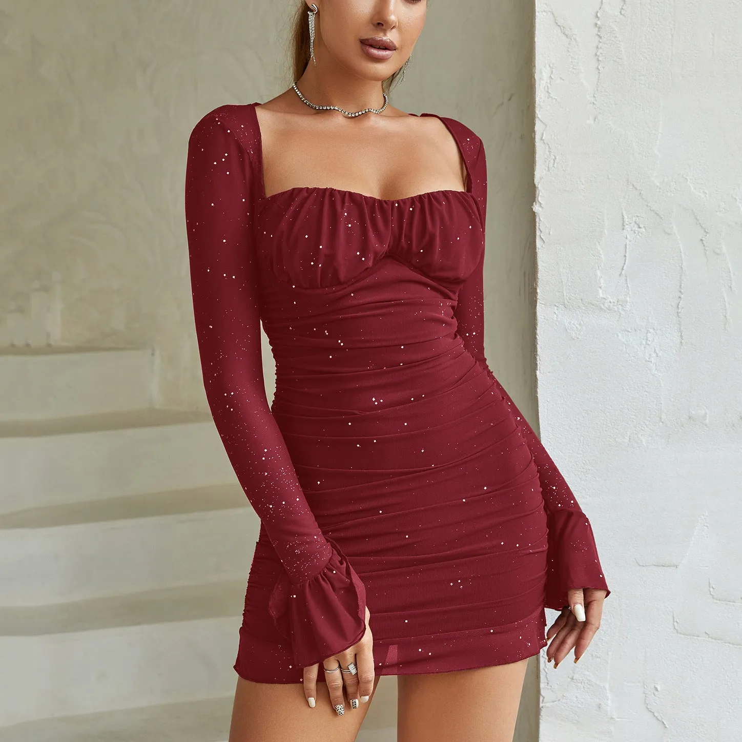 Glamorous Sheer Mesh Long-Sleeve Sequin Bodycon Mini Dress