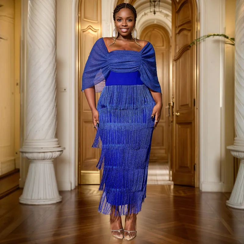 Glamorous Square Neck Layered Tassel Evening Dress