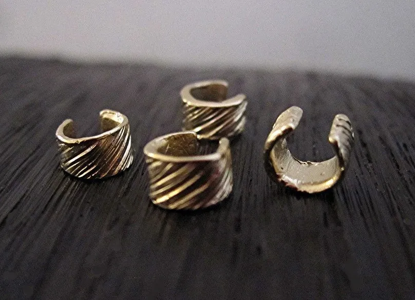 Gold Bronze Artisan Textured Diagonal Lined Crimp Bead Covers (set of two) (N)