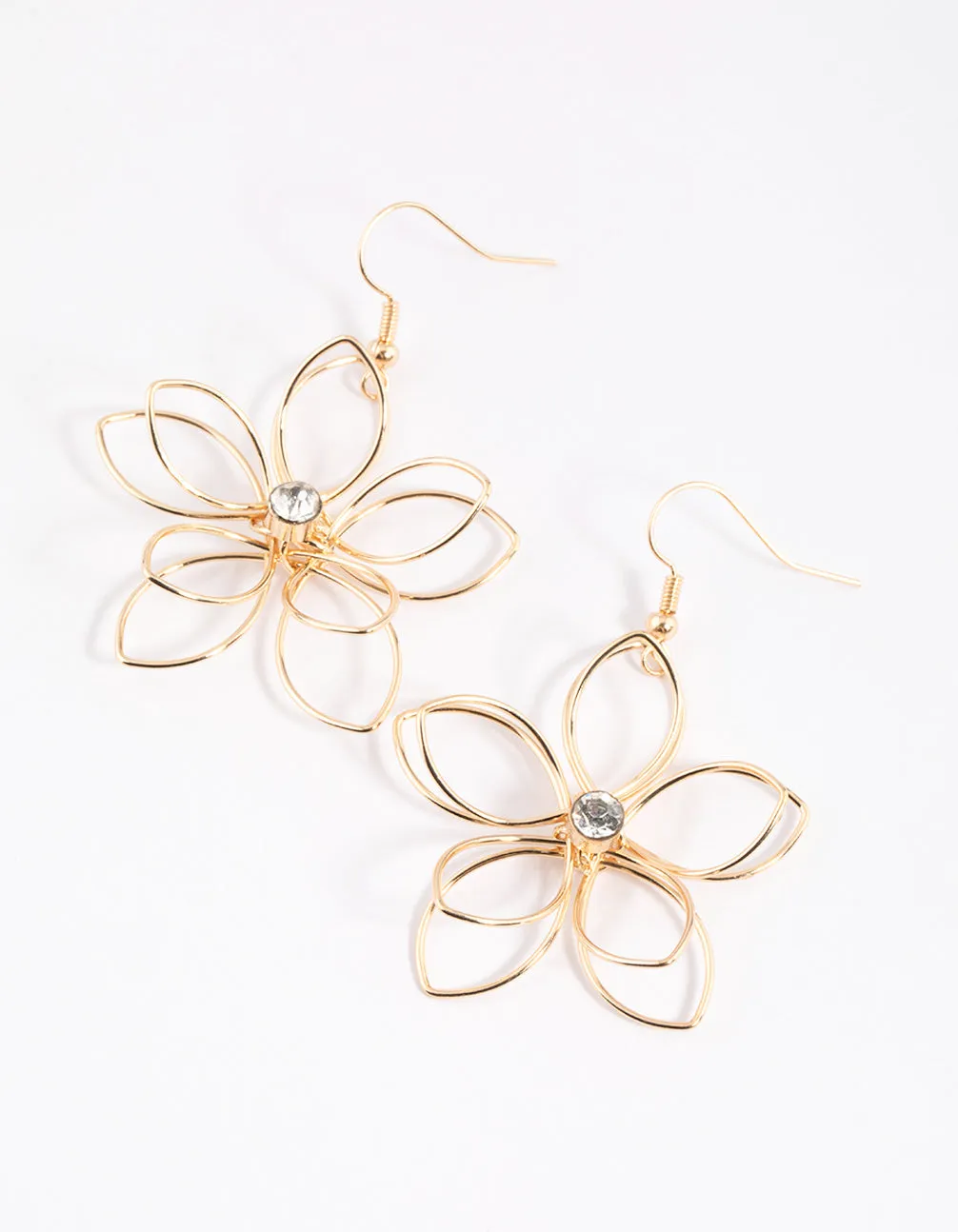 Gold Diamante Wire Flower Drop Earrings