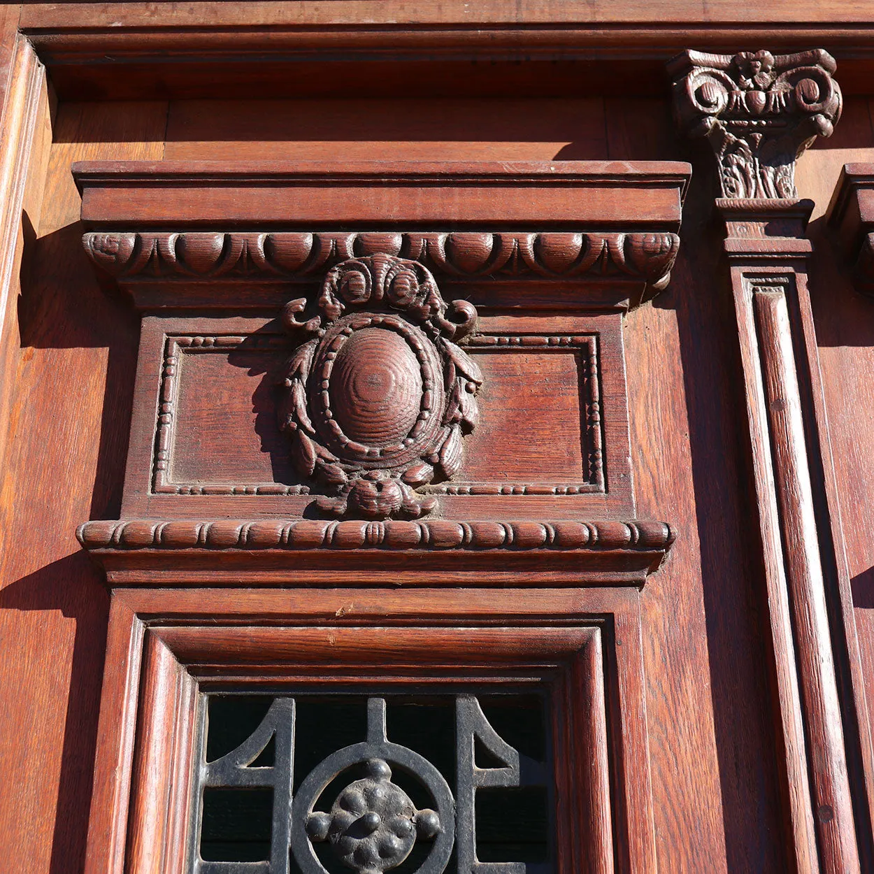Grand French Napoleon III Oak and Wrought Iron Double Door Entry