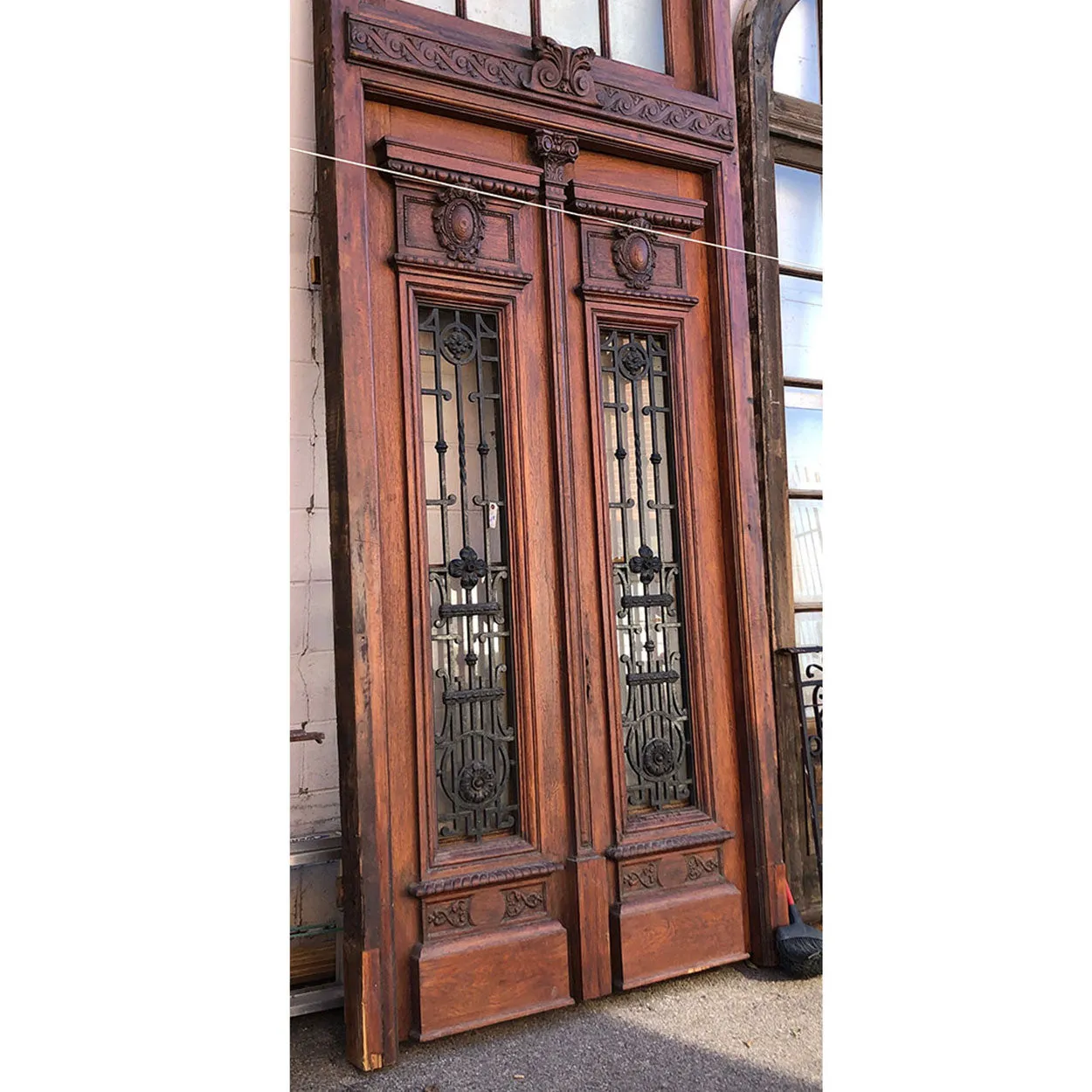 Grand French Napoleon III Oak and Wrought Iron Double Door Entry