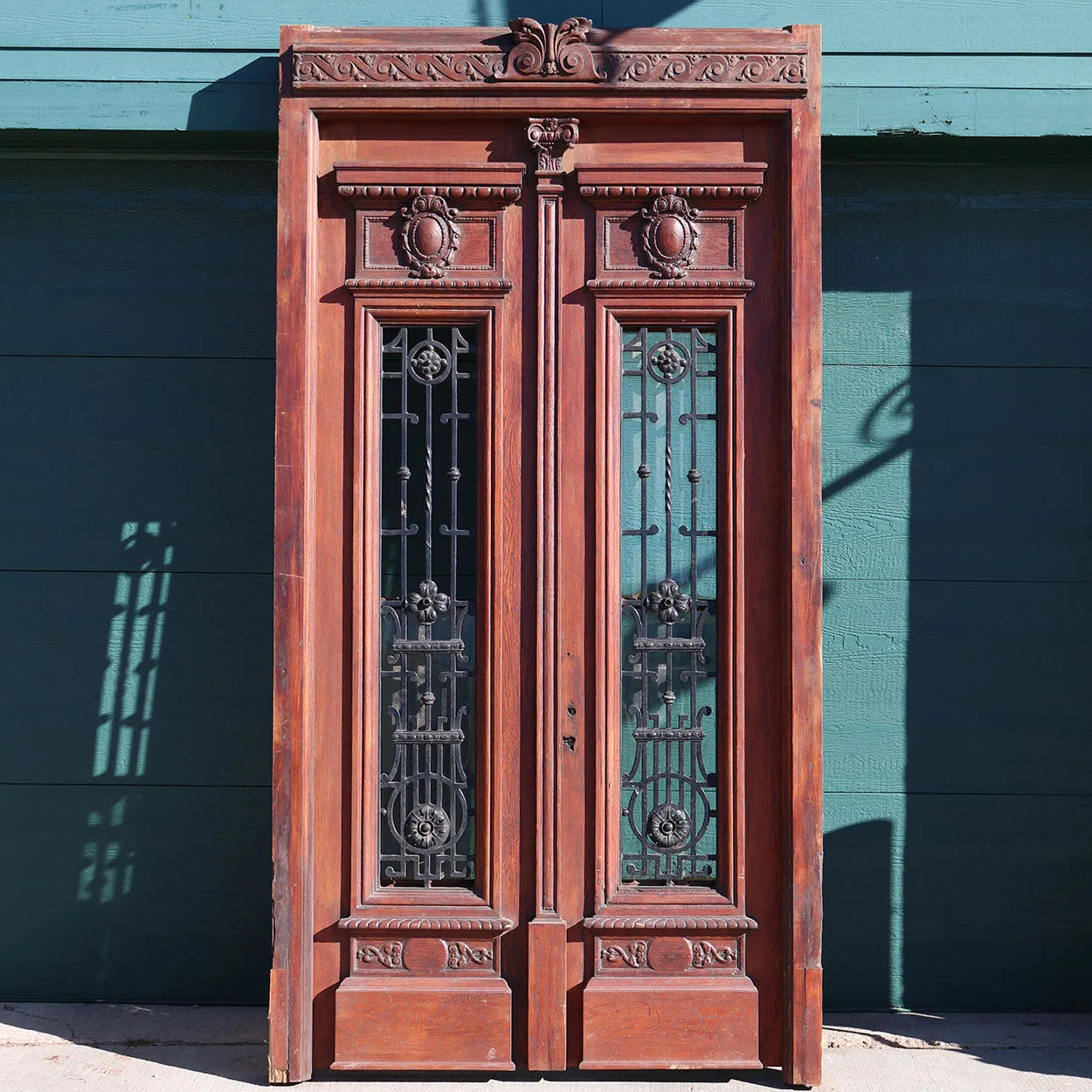 Grand French Napoleon III Oak and Wrought Iron Double Door Entry