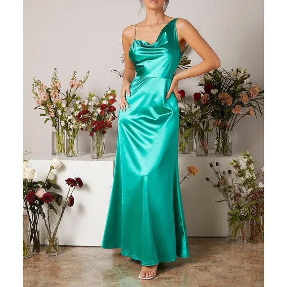 Green Satin One Shoulder Draped Mermaid Formal Evening Cocktail Dress