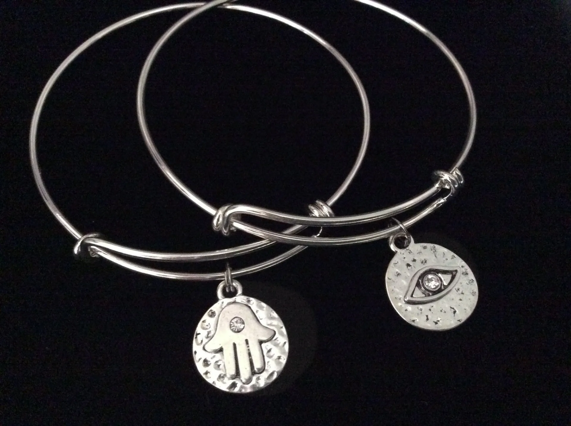 Hamsa Hand Silver Expandable Charm Bracelet Adjustable Bangle Trendy Yoga Inspired Meaningful Inspirational