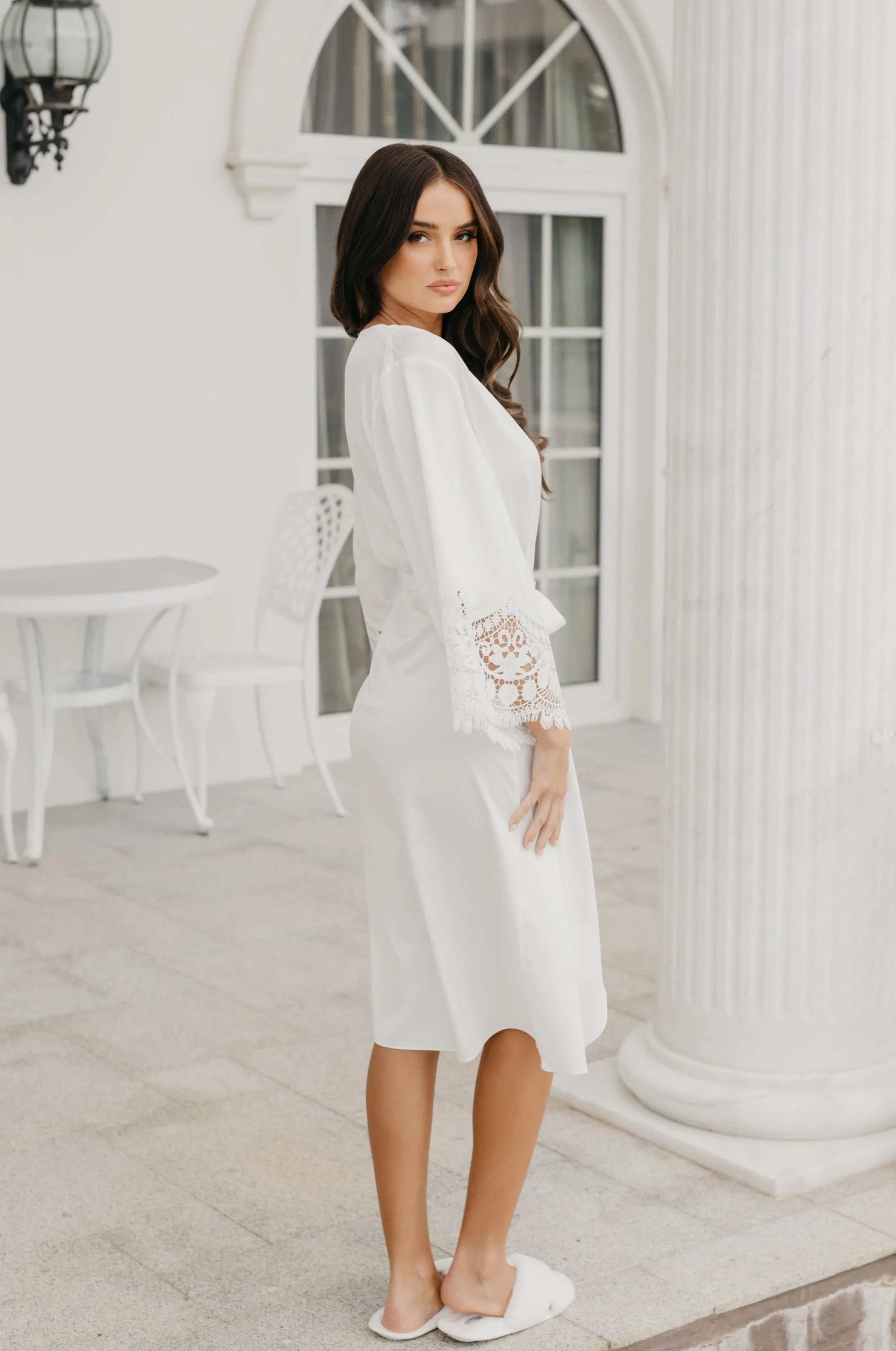 Hazel Petal Hem Satin Midi Bridal Robe