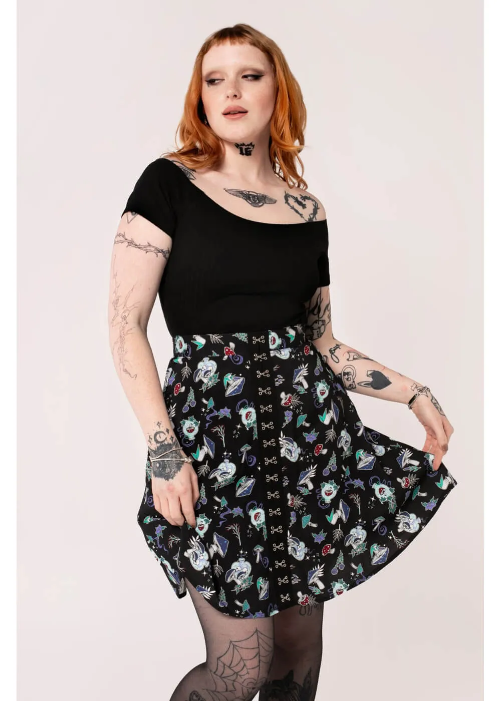 Hell Bunny Amanita Mushroom 80's Short Skirt Black