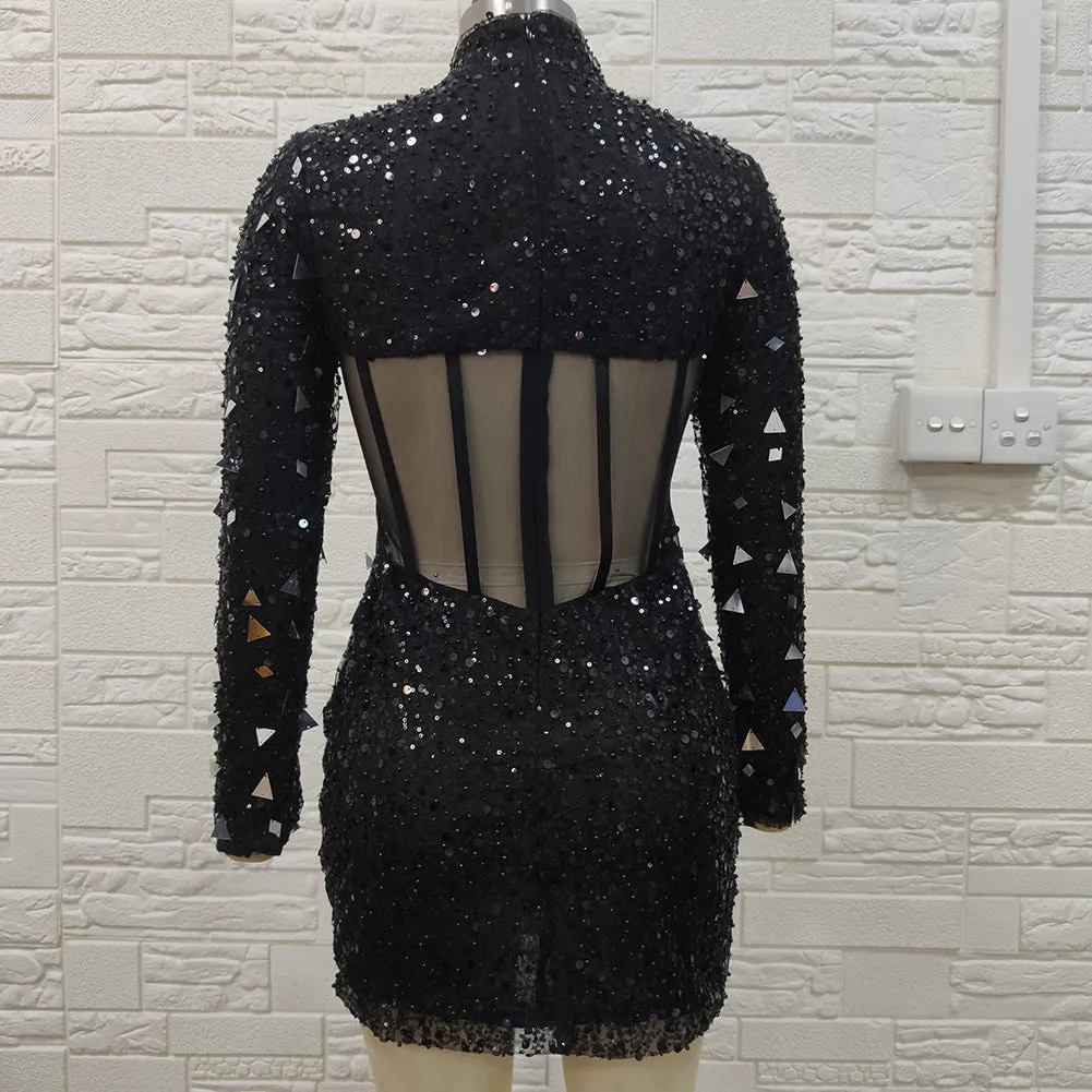 High Neck Long Sleeve Beaded Mini Bodycon Dress