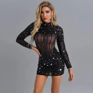 High Neck Long Sleeve Beaded Mini Bodycon Dress