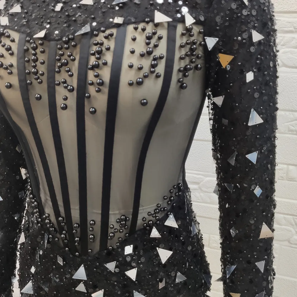 High Neck Long Sleeve Beaded Mini Bodycon Dress