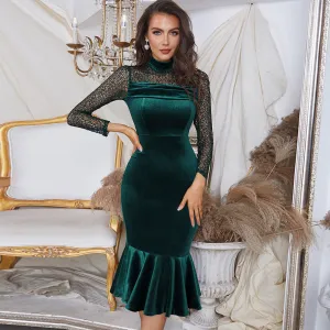 High Neck Long Sleeve Fishtail Midi Bodycon Dress
