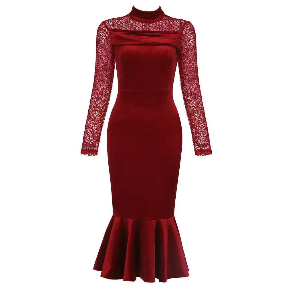 High Neck Long Sleeve Fishtail Midi Bodycon Dress