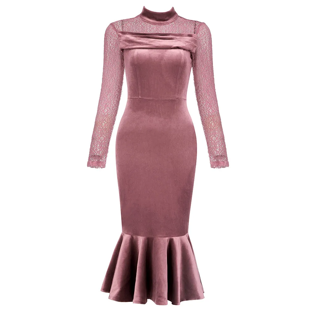 High Neck Long Sleeve Fishtail Midi Bodycon Dress