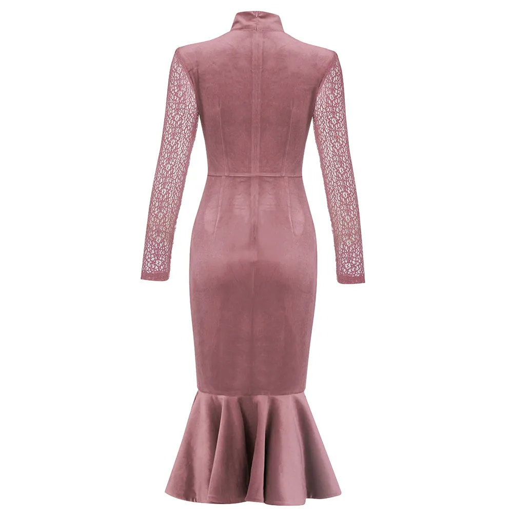 High Neck Long Sleeve Fishtail Midi Bodycon Dress