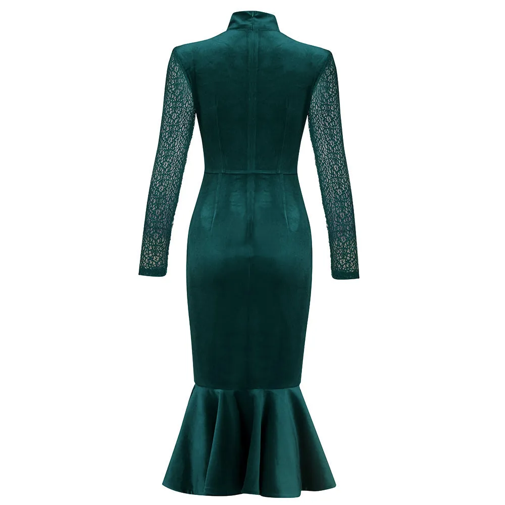 High Neck Long Sleeve Fishtail Midi Bodycon Dress