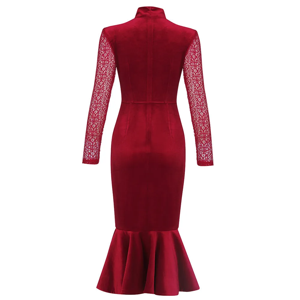 High Neck Long Sleeve Fishtail Midi Bodycon Dress