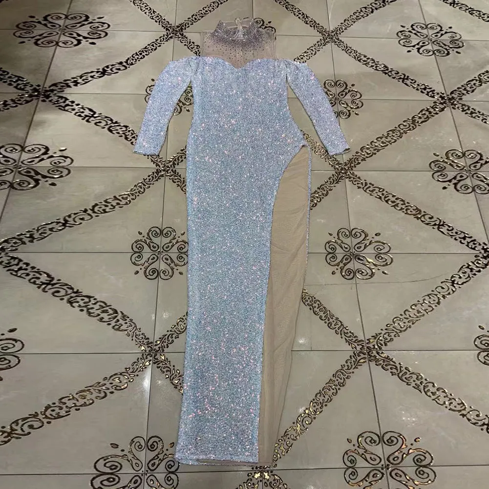 High Neck Long Sleeve Rhinestone Maxi Bodycon Dress
