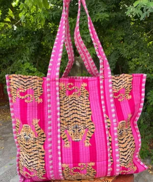 Hot Pink Tiger Cotton Quilted Tote Bag