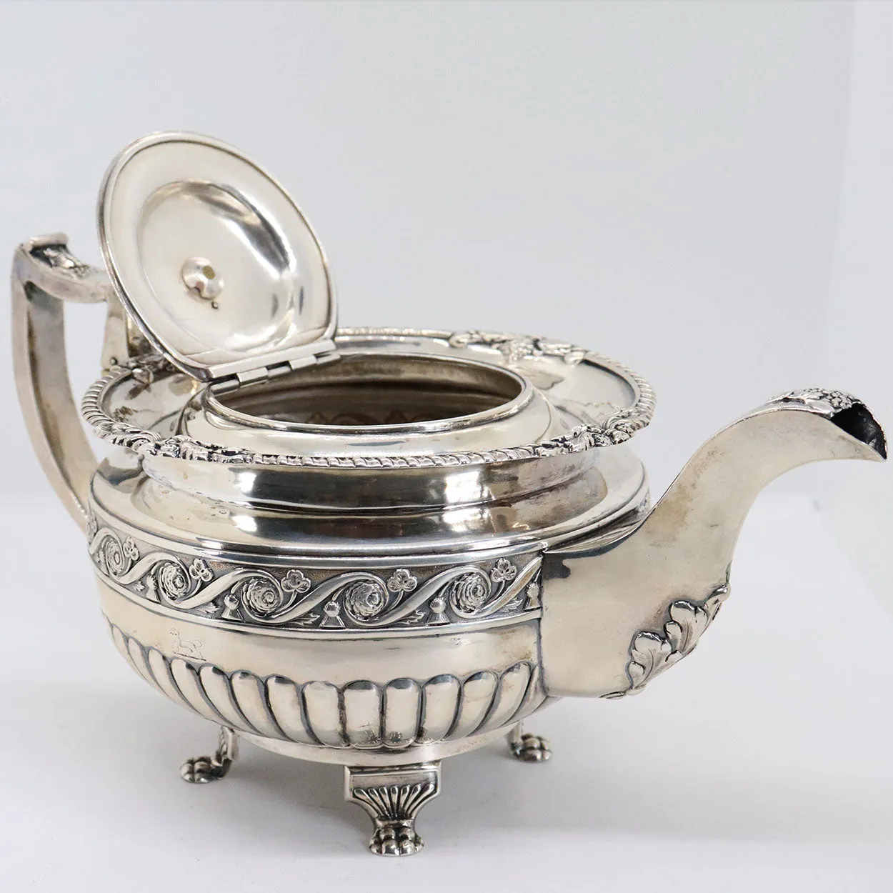Irish George III James Scott Sterling Silver Acorn Finial Armorial Teapot