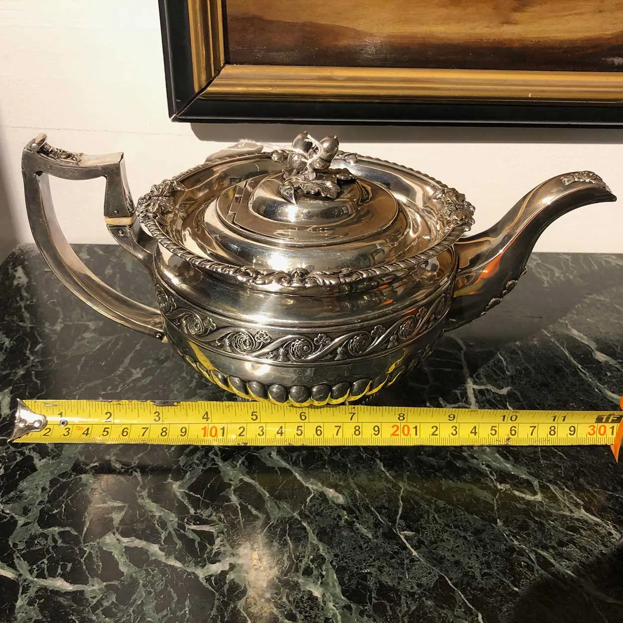Irish George III James Scott Sterling Silver Acorn Finial Armorial Teapot