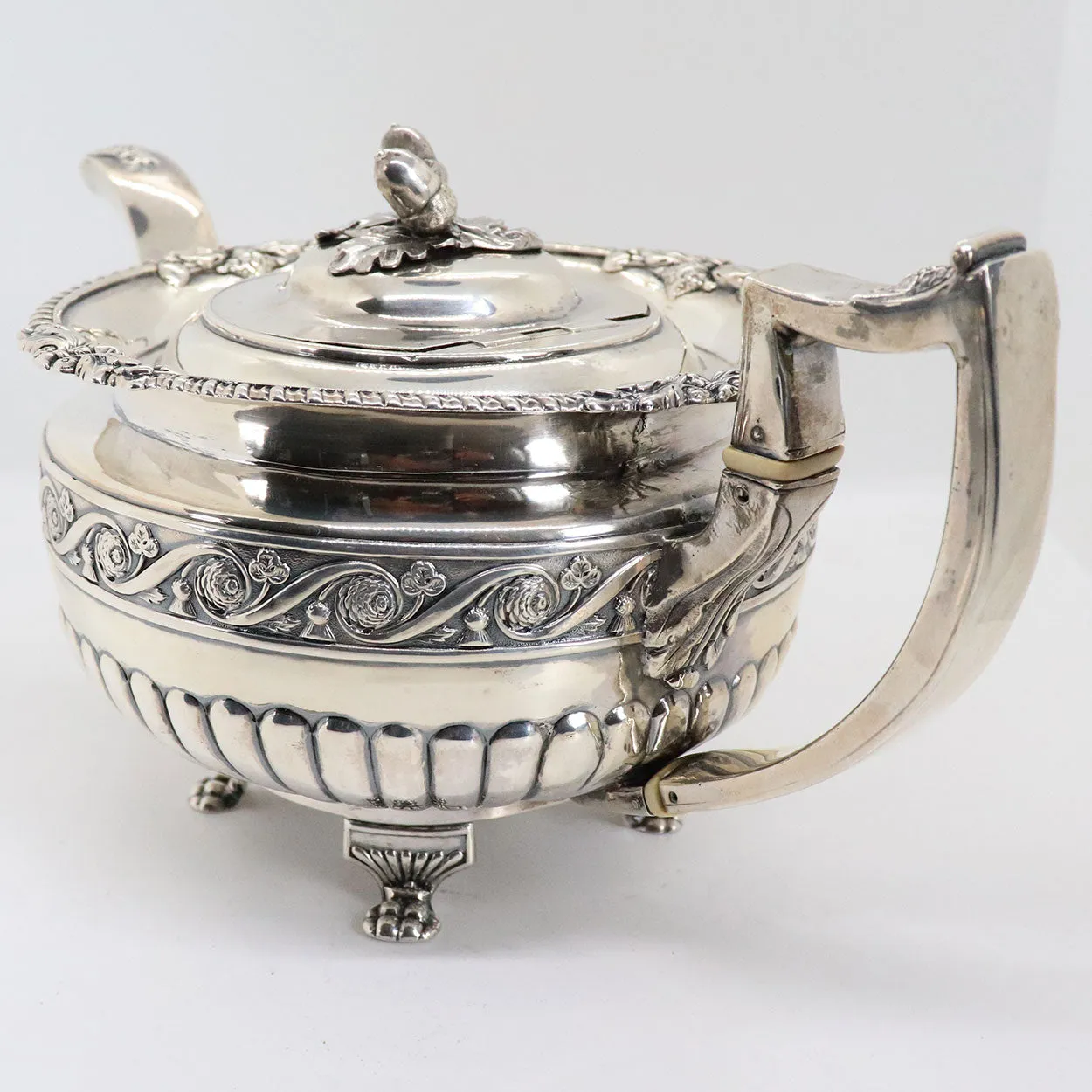 Irish George III James Scott Sterling Silver Acorn Finial Armorial Teapot