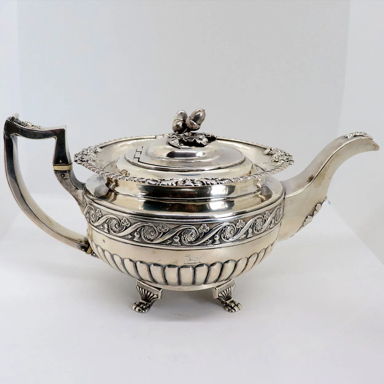Irish George III James Scott Sterling Silver Acorn Finial Armorial Teapot