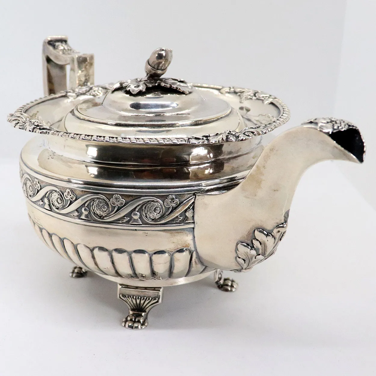 Irish George III James Scott Sterling Silver Acorn Finial Armorial Teapot