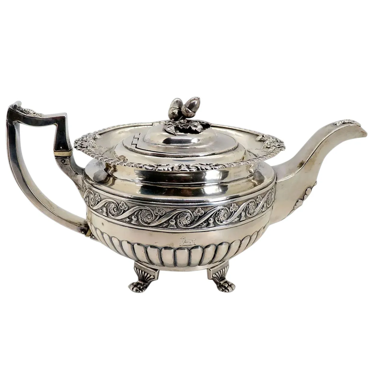 Irish George III James Scott Sterling Silver Acorn Finial Armorial Teapot