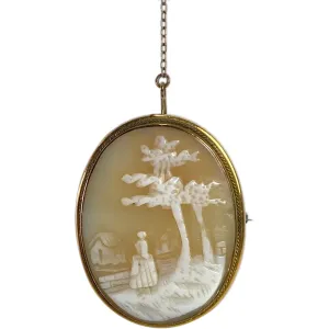 Italian Gold Filled Shell Cameo Oval Pendant and Chain with Pin