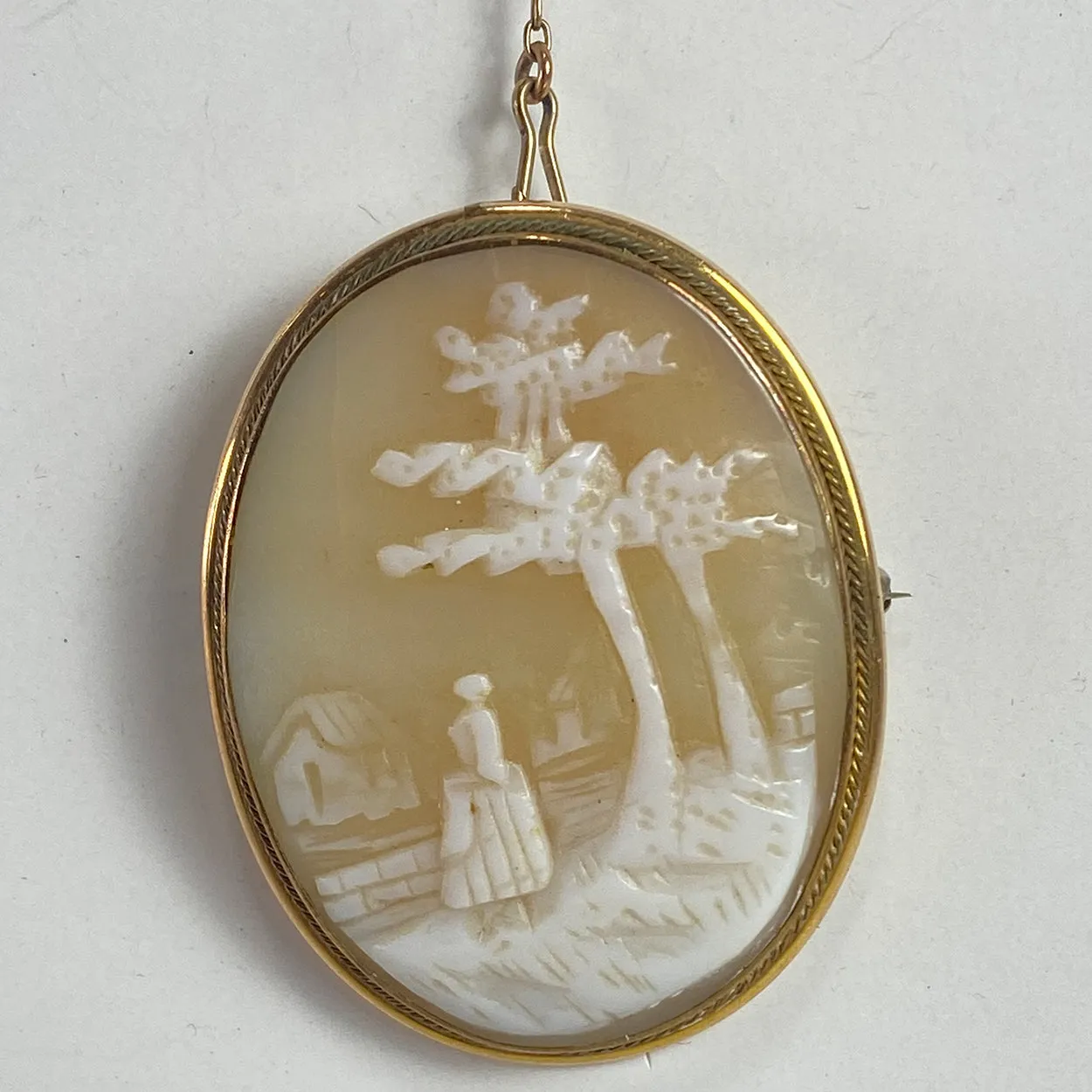Italian Gold Filled Shell Cameo Oval Pendant and Chain with Pin
