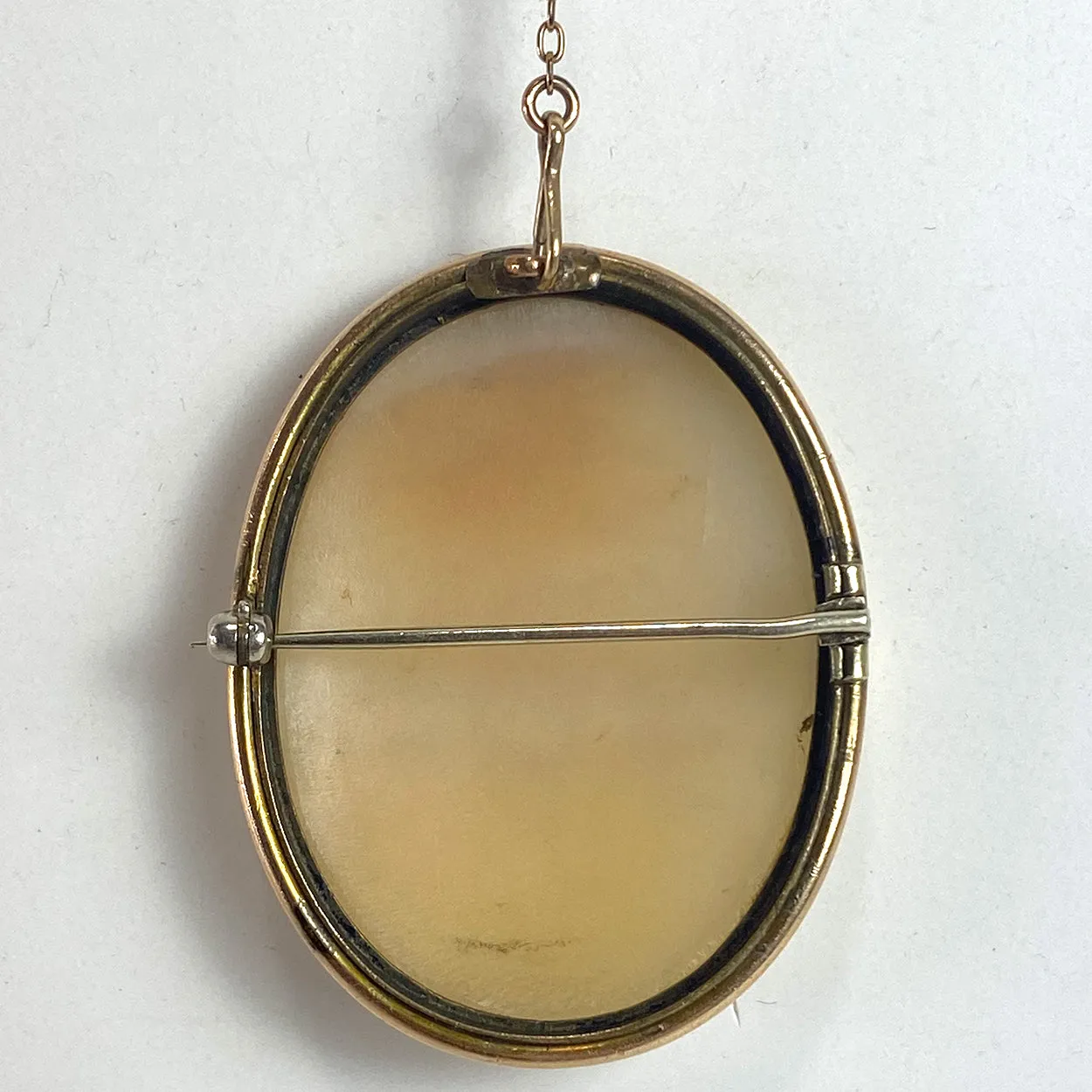 Italian Gold Filled Shell Cameo Oval Pendant and Chain with Pin