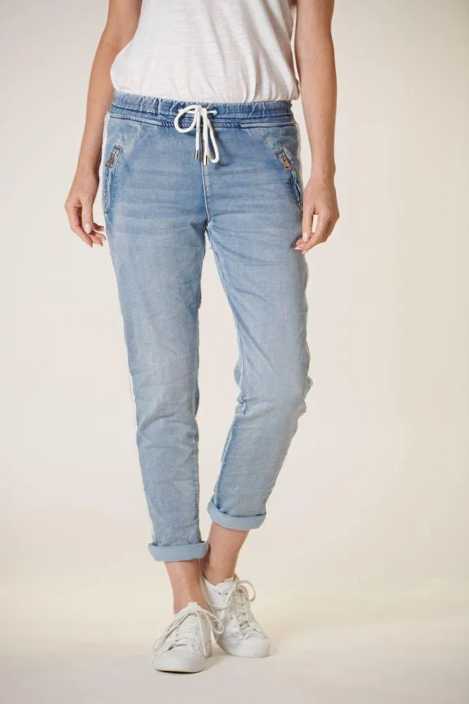 ITALIAN STAR Denim Jogger with Silver Trim - Light Wash